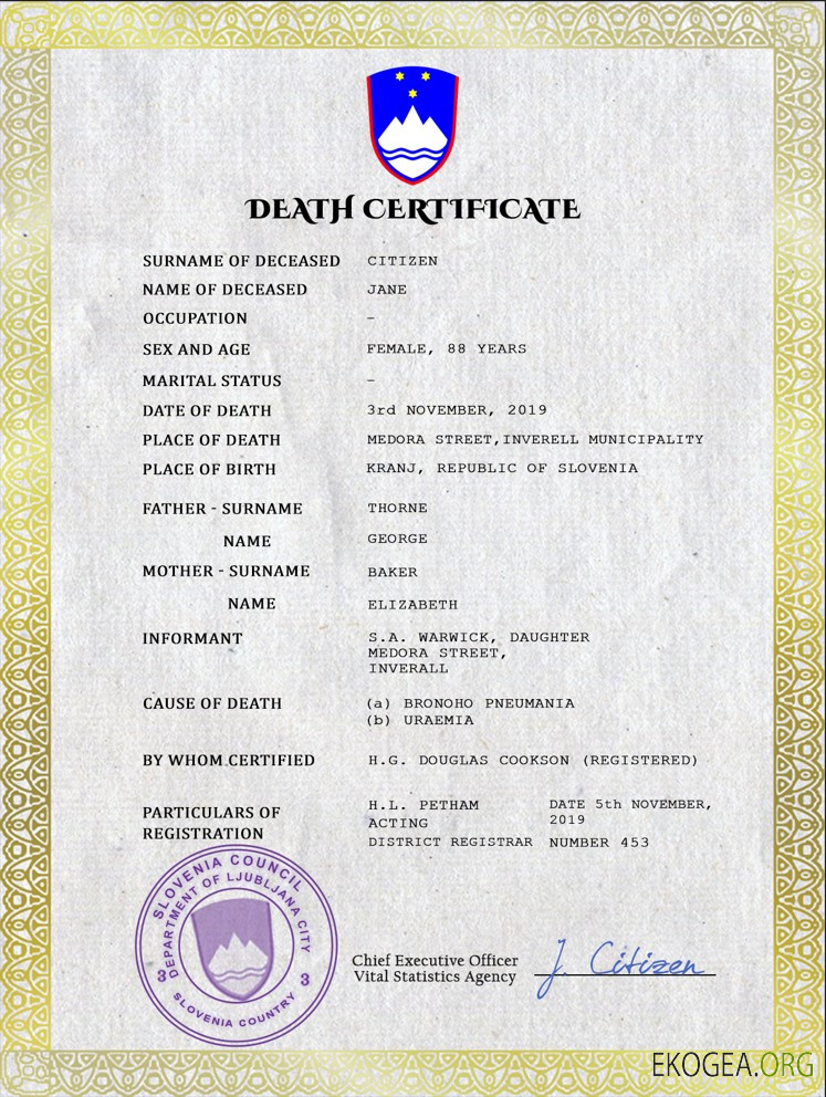 Modèle PSD de certificat de décès de Slovénie